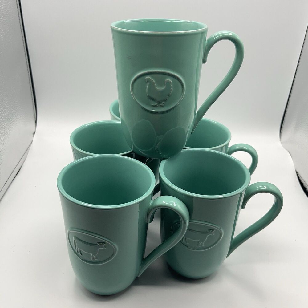 Farmhouse Chicken, Pig, Cow Embossed Ceramic Mugs Set of 5 - 18 oz Rustic Teal